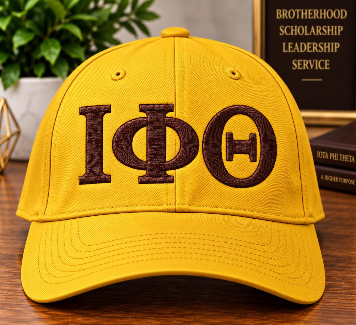 Iota Phi Theta Embroidered Hat | ΙΦΘ Greek Letter Cap | Brown & Gold Fraternity Hat | Iota Greek Apparel Gift