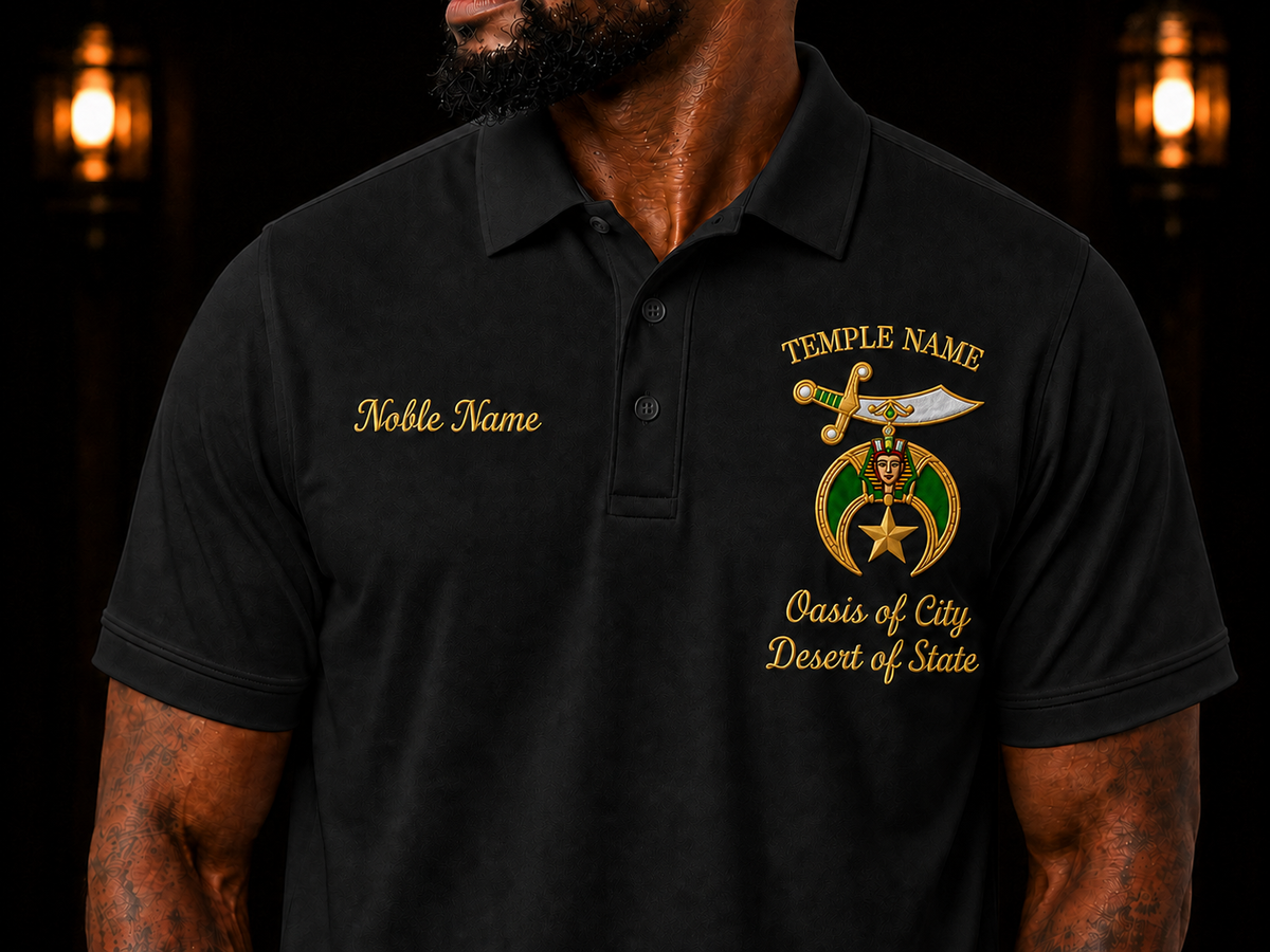 Shriner / Mason Embroidered Temple Polo Shirt, Personalized Noble Name & Temple Design