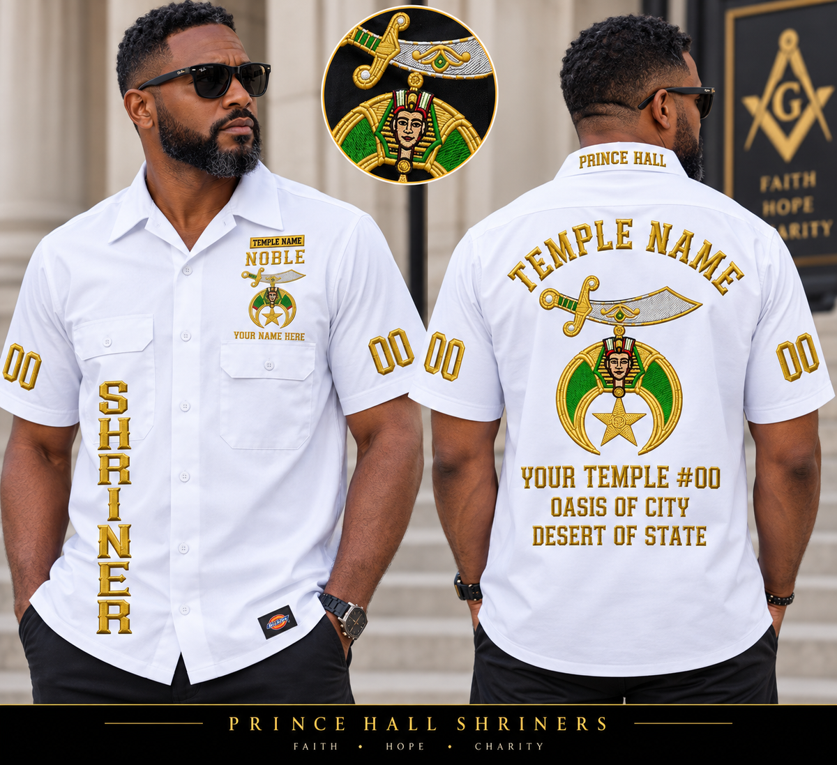 Shriner Walking Shirt, Custom Embroidered Temple Emblem, Noble Name