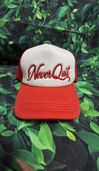 Never Quit Embroidered Trucker Hat | Motivational Mesh Snapback Cap | Inspirational Baseball Hat | Adjustable Unisex Gift