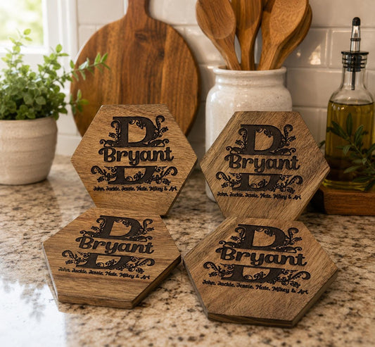 Personalized Wooden Family Coasters – Custom Last Name & Initial Hexagon Coaster Set
