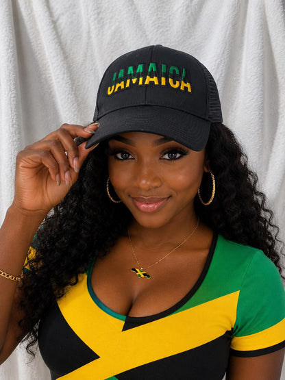 Jamaica Trucker Hat, Embroidered Black Green & Gold Flag Colors