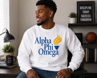 Alpha Phi Omega DTV Crewneck, Blue & Gold Greek Letter Sweatshirt