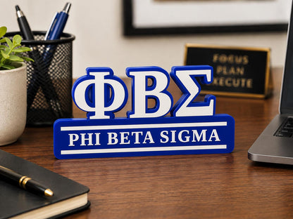 Phi Beta Sigma Desk Sign – ΦΒΣ 3D Printed Fraternity Decor – Royal Blue & White Greek Letter Display – Sigma Gift
