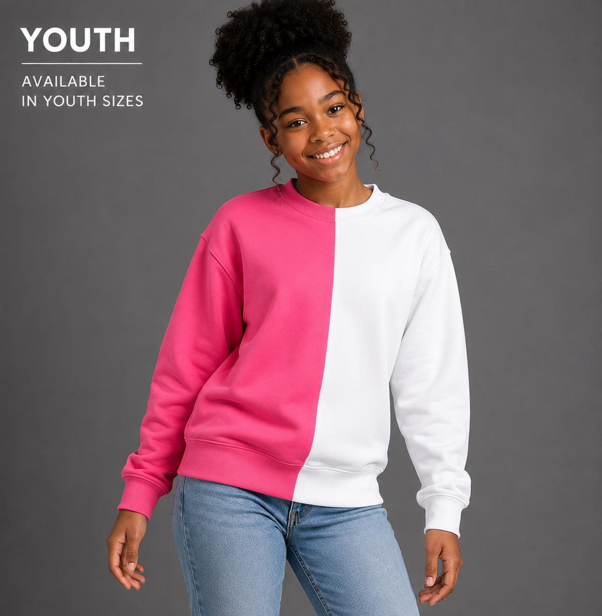 Youth Two-Tone Sweatshirt, Blank Half & Half Color Block Crewneck