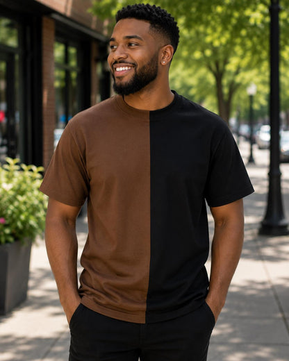 Two-Tone Split T-Shirt, Blank Unisex Half Color Block Tee
