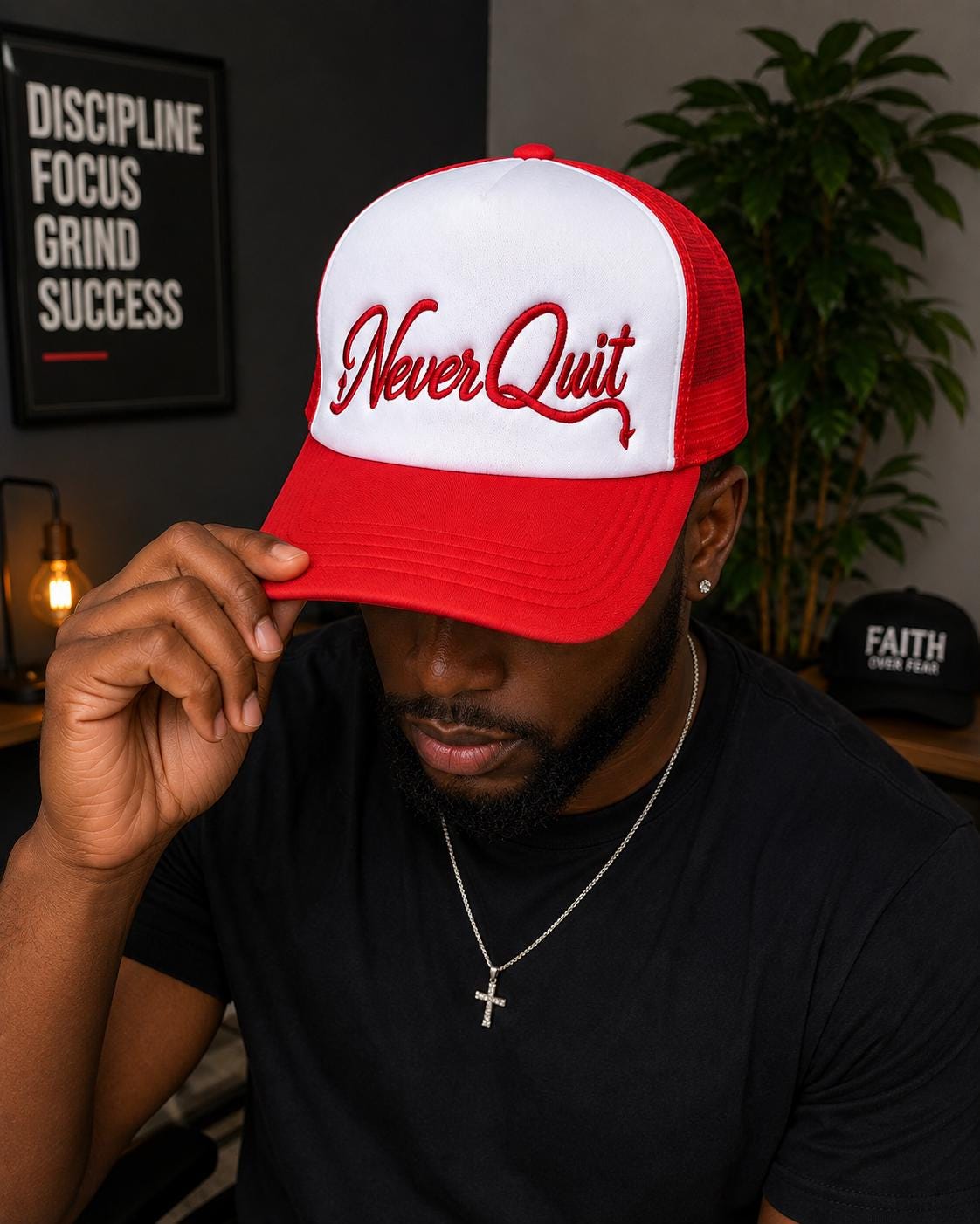 Never Quit Embroidered Trucker Hat | Motivational Mesh Snapback Cap | Inspirational Baseball Hat | Adjustable Unisex Gift