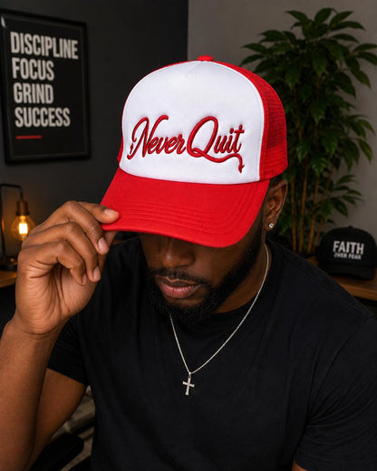 Never Quit Embroidered Trucker Hat | Motivational Mesh Snapback Cap | Inspirational Baseball Hat | Adjustable Unisex Gift