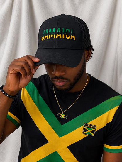 Jamaica Trucker Hat, Embroidered Black Green & Gold Flag Colors