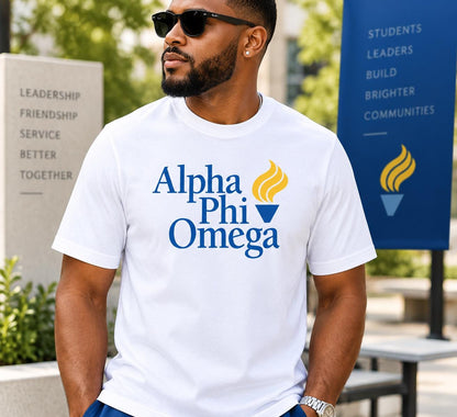 Alpha Phi Omega DTV T-Shirt, Blue & Gold APO Greek Letter Design