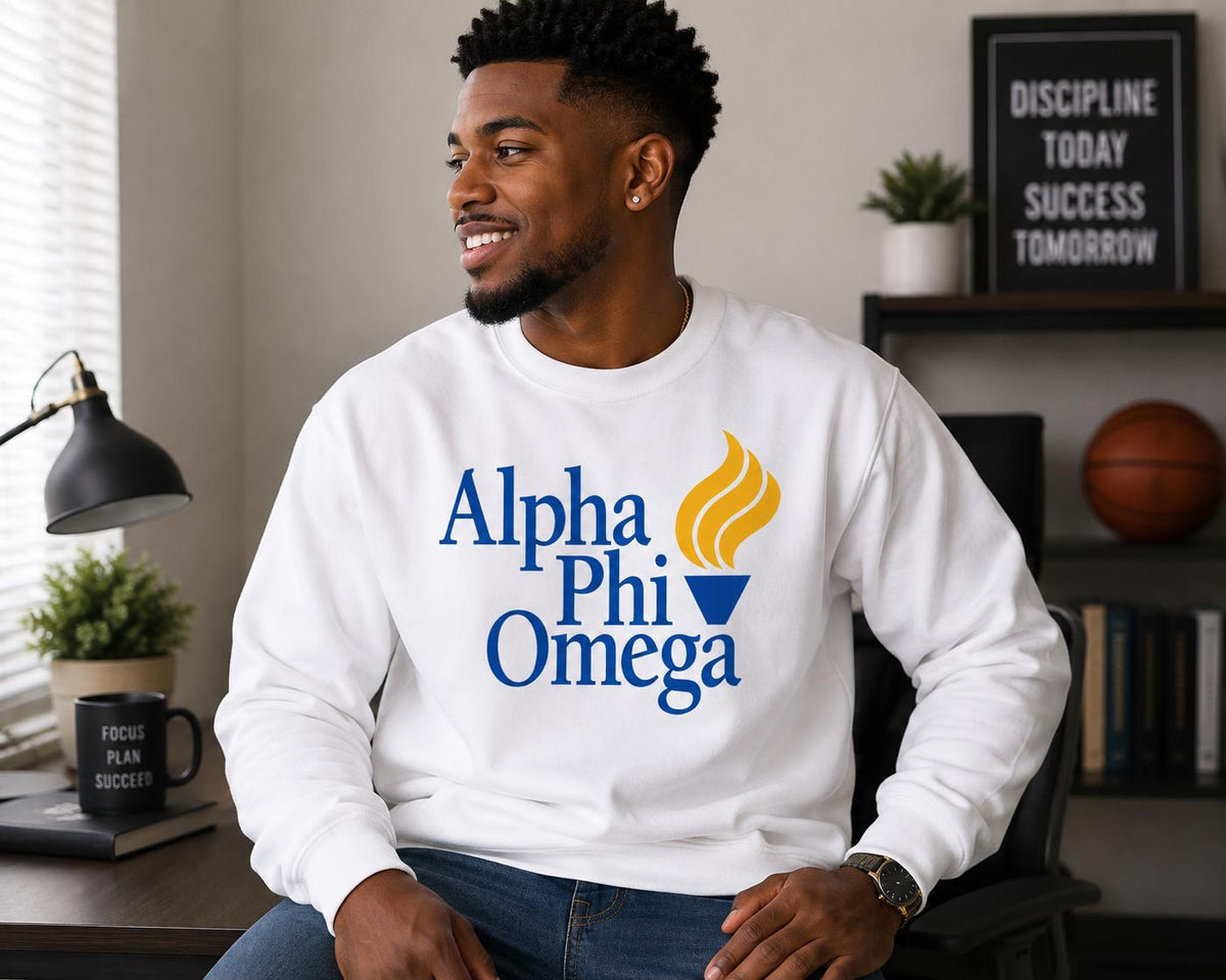 Alpha Phi Omega DTV Crewneck, Blue & Gold Greek Letter Sweatshirt