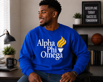 Alpha Phi Omega DTV Crewneck, Blue & Gold Greek Letter Sweatshirt