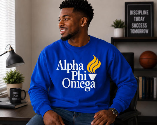 Alpha Phi Omega DTV Crewneck, Blue & Gold Greek Letter Sweatshirt