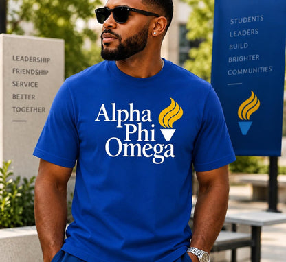 Alpha Phi Omega DTV T-Shirt, Blue & Gold APO Greek Letter Design