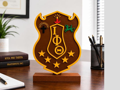 Iota Phi Theta Shield Desk Decor, Iota Phi Theta Fraternity Gift, Brown & Gold 3D Printed Display, Fraternity Office Decor