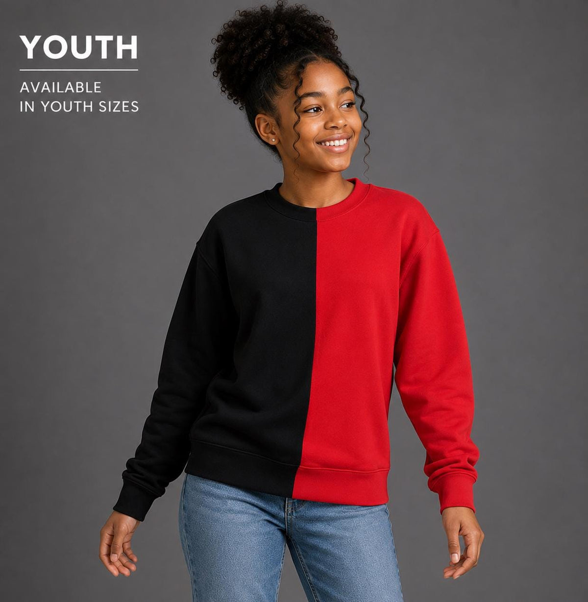 Youth Two-Tone Sweatshirt, Blank Half & Half Color Block Crewneck
