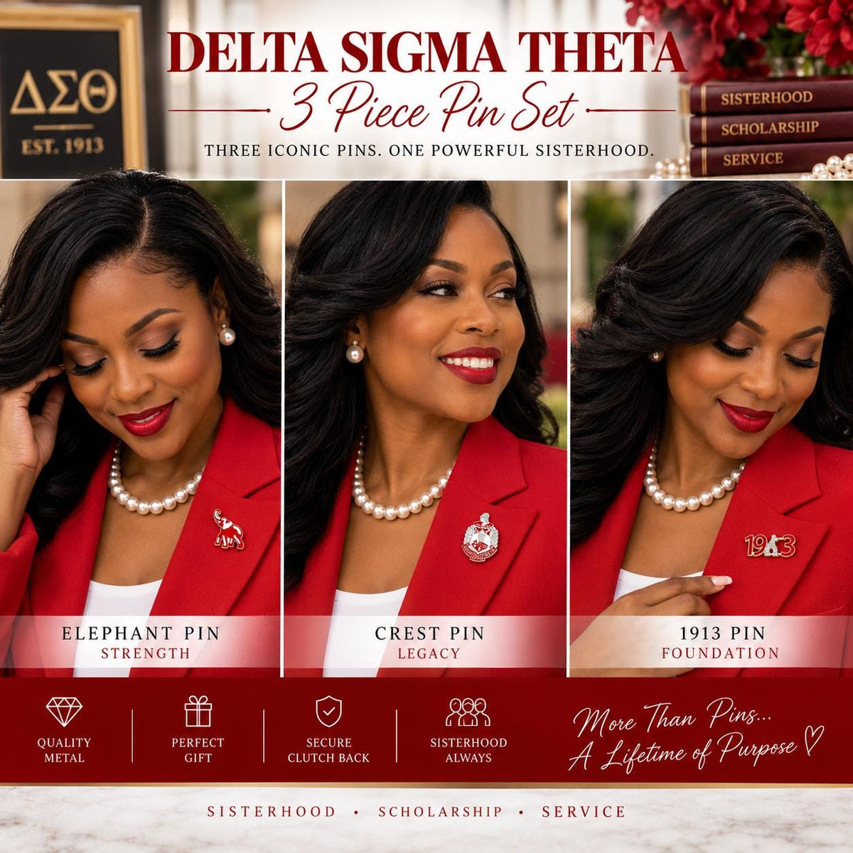 Delta Sigma Theta 3 Piece Brooch Pin Set | Elephant Crest 1913 Pins | DST Sorority Jewelry | Soror Gift | Red & White Pins
