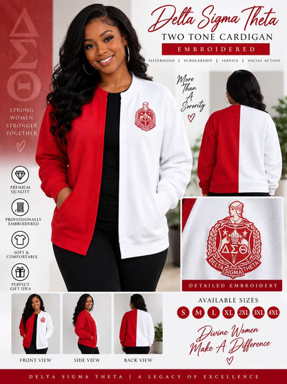 Delta Sigma Theta Two Tone Cardigan | Embroidered DST Sorority Jacket | Red & White Greek Cardigan | Divine Nine Sorority Gift
