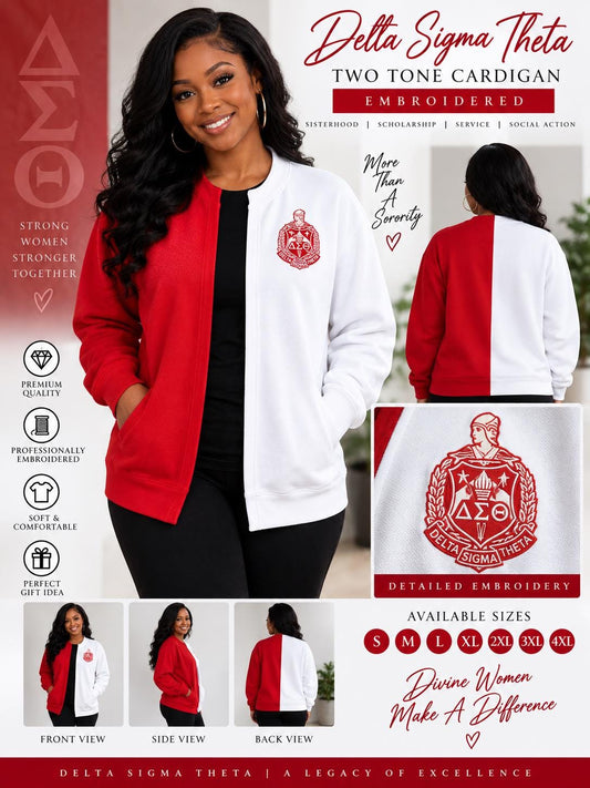 Delta Sigma Theta Two Tone Cardigan | Embroidered DST Sorority Jacket | Red & White Greek Cardigan | Divine Nine Sorority Gift