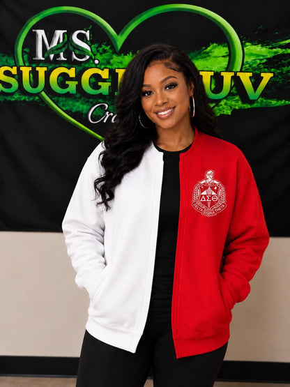 Delta Sigma Theta Two Tone Cardigan | Embroidered DST Sorority Jacket | Red & White Greek Cardigan | Divine Nine Sorority Gift