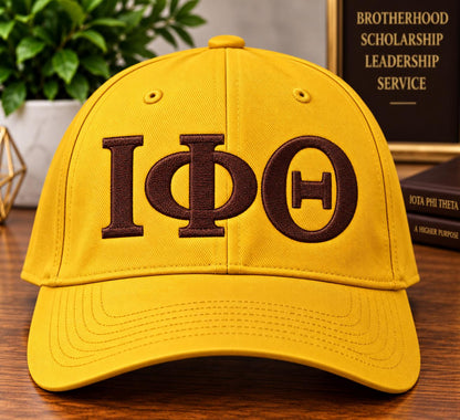 Iota Phi Theta Embroidered Hat | ΙΦΘ Greek Letter Cap | Brown & Gold Fraternity Hat | Iota Greek Apparel Gift