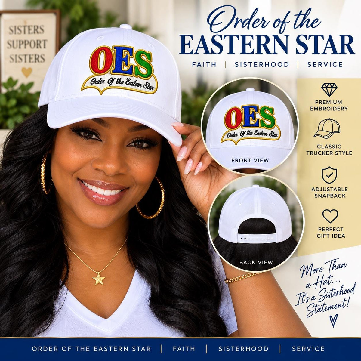 Order of Eastern Star Hat, OES Embroidered Trucker Hat, Eastern Star Cap, OES Sister Gift, White Snapback Hat, Soror Gift