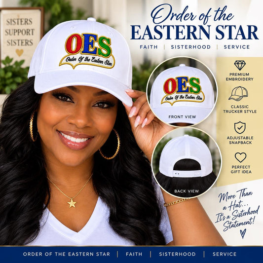 Order of Eastern Star Hat, OES Embroidered Trucker Hat, Eastern Star Cap, OES Sister Gift, White Snapback Hat, Soror Gift