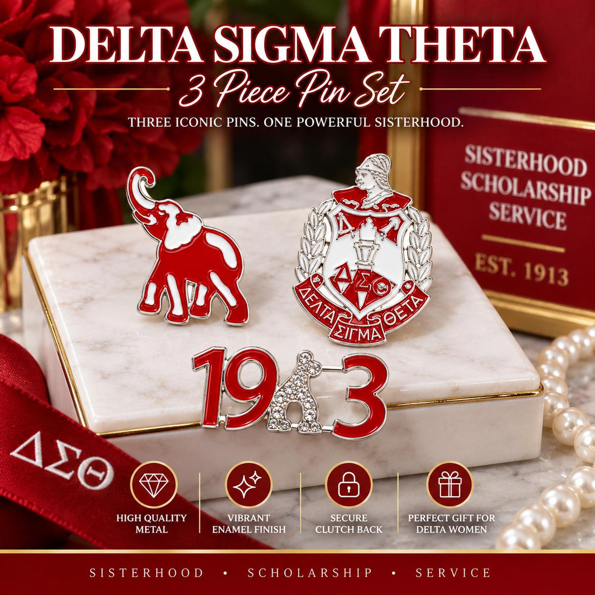 Delta Sigma Theta 3 Piece Brooch Pin Set | Elephant Crest 1913 Pins | DST Sorority Jewelry | Soror Gift | Red & White Pins