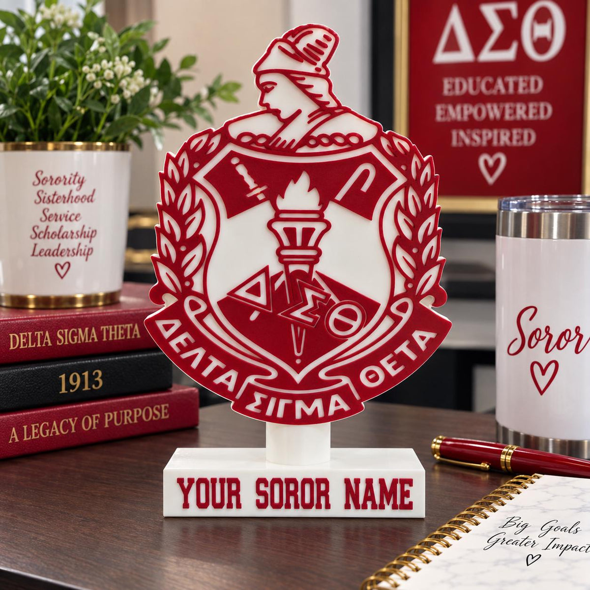 Personalized Delta Sigma Theta Shield Desk Sign | Custom Soror Name | DST 1913 Desk Decor | ΔΣΘ Sorority Gift | 3D Printed Display