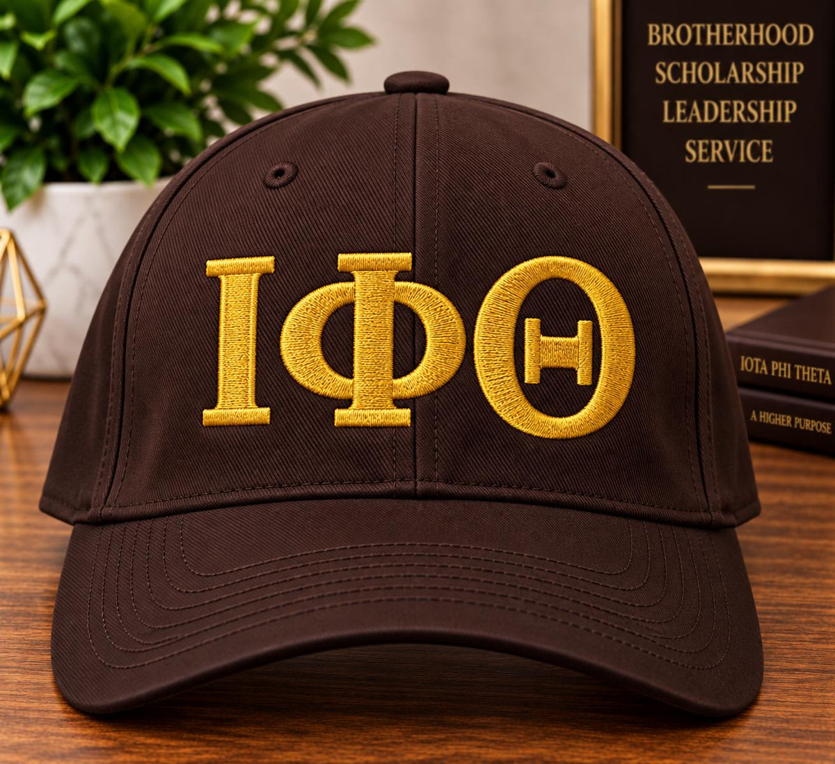 Iota Phi Theta Embroidered Hat | ΙΦΘ Greek Letter Cap | Brown & Gold Fraternity Hat | Iota Greek Apparel Gift