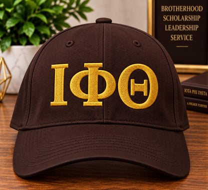 Iota Phi Theta Embroidered Hat | ΙΦΘ Greek Letter Cap | Brown & Gold Fraternity Hat | Iota Greek Apparel Gift