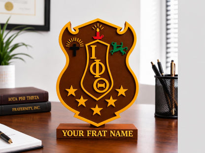 Iota Phi Theta Shield Desk Decor, Iota Phi Theta Fraternity Gift, Brown & Gold 3D Printed Display, Fraternity Office Decor