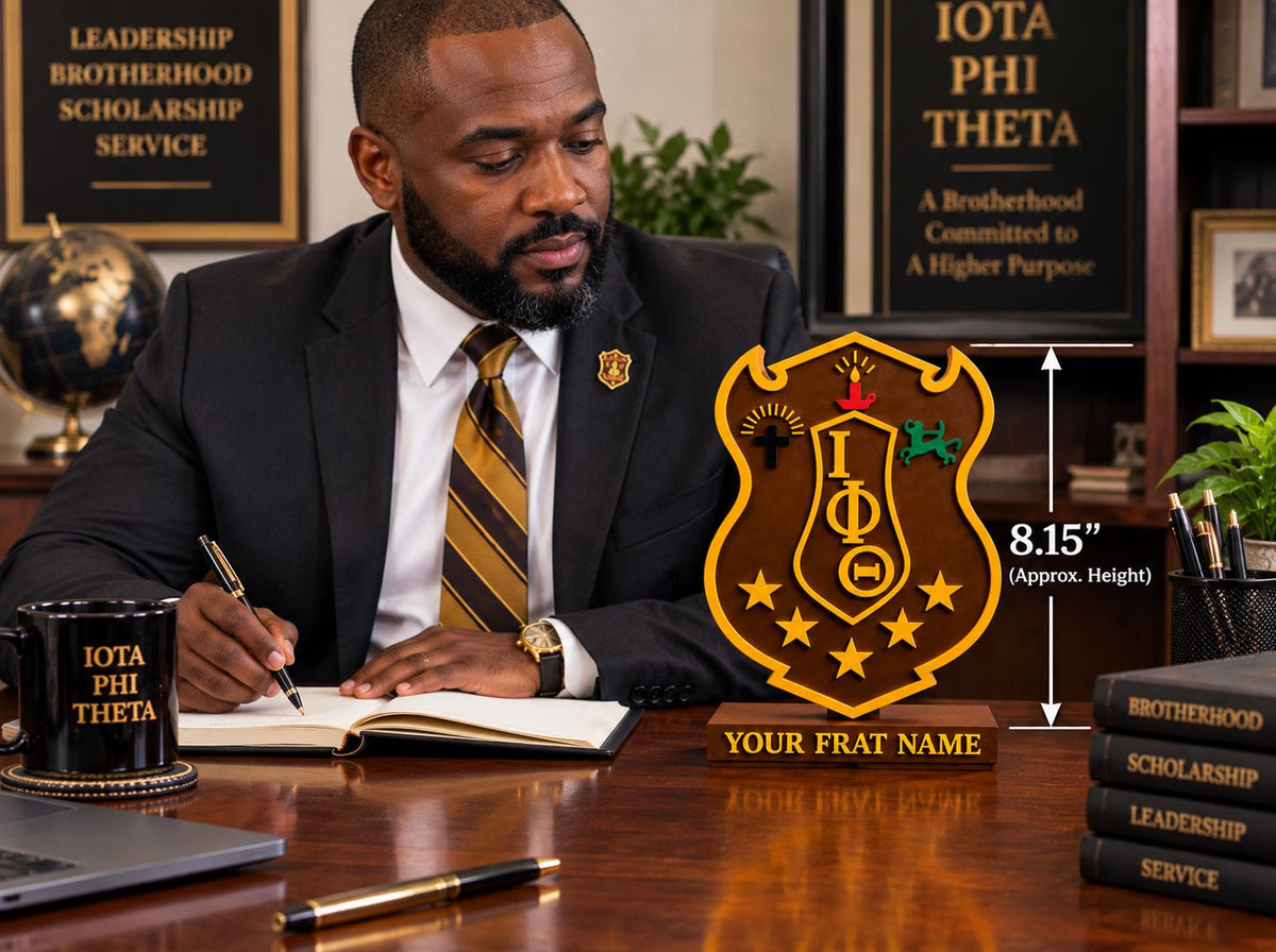 Iota Phi Theta Shield Desk Decor, Iota Phi Theta Fraternity Gift, Brown & Gold 3D Printed Display, Fraternity Office Decor