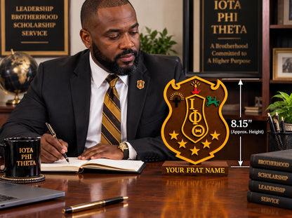 Iota Phi Theta Shield Desk Decor, Iota Phi Theta Fraternity Gift, Brown & Gold 3D Printed Display, Fraternity Office Decor