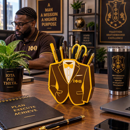 Iota Phi Theta Desk Organizer, IΦΘ Pen Holder, Iota Office Decor, 3D Printed Fraternity Gift, Brown Gold Desk Accessory