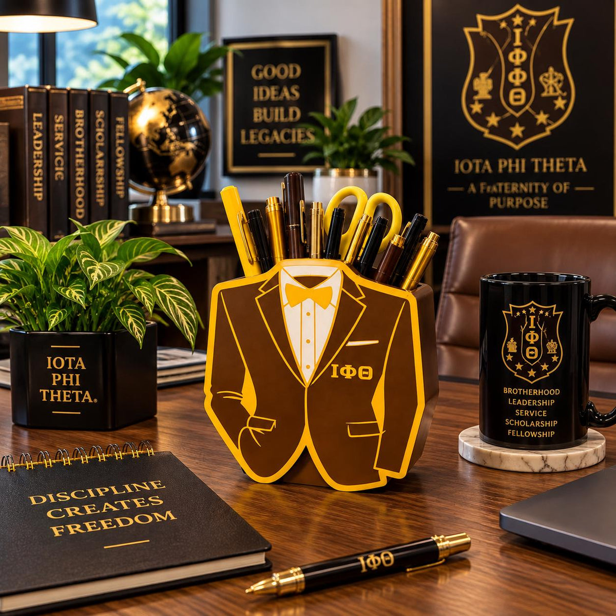Iota Phi Theta Desk Organizer, IΦΘ Pen Holder, Iota Office Decor, 3D Printed Fraternity Gift, Brown Gold Desk Accessory